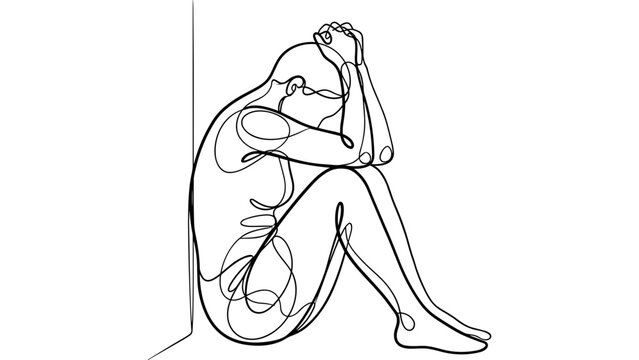 Sadness Silhouette, Abstract Person Sitting Corner, Solitude Line Art