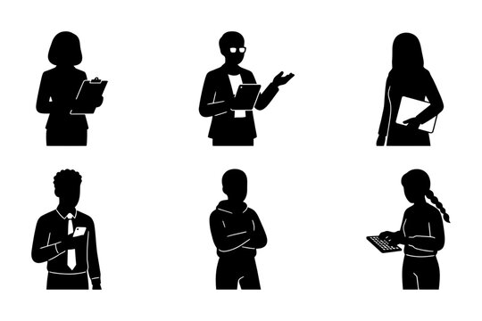 Professional business people silhouettes, set of 6 office worker icons, corporate employees with clipboards and tablets, diverse team vector avatars