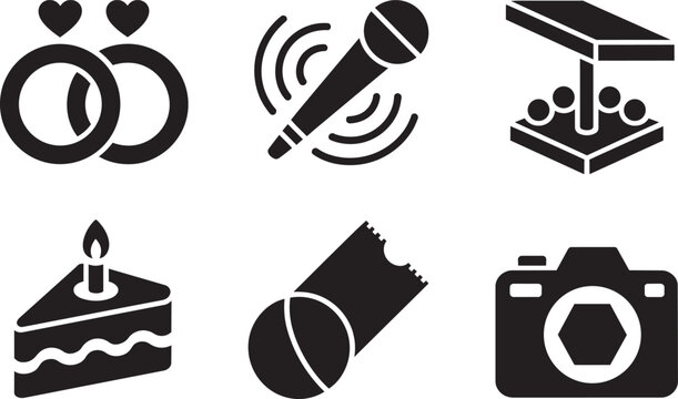 Event icons set wedding microphone cake ticket and camera symbols in outline style celebration