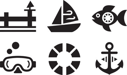 Marine nautical ocean navigation icons set sailboat fish diving mask lifebuoy anchor in solid © zagrapic540