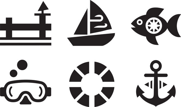 Marine nautical ocean navigation icons set sailboat fish diving mask lifebuoy anchor in solid