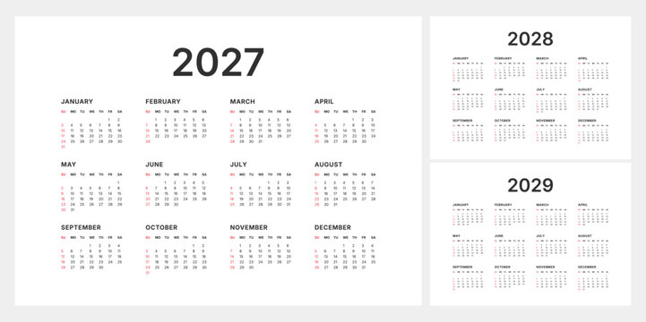 A clean and organized overview of the full years 2027 2028 and 2029 calendars with each month displayed in a compact grid format for easy reference and planning purposes