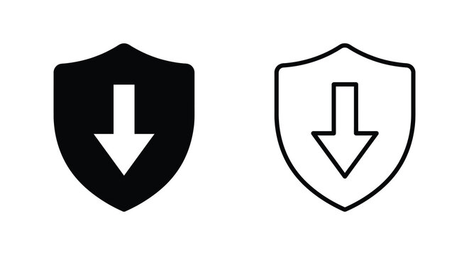 Shield with downward arrow icon black and white silhouette