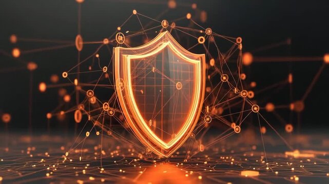 Glowing shield amid connected lines in luminous digital style on dark background, concept of cybersecurity protection