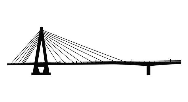 Cable stayed bridge silhouette against a white background