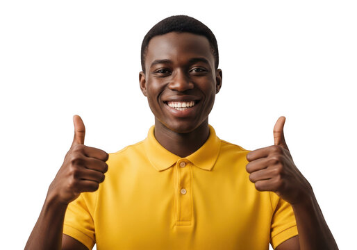 Smiling man giving two thumbs up in bright yellow shirt isolated on transparent background