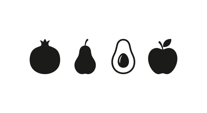 Pomegranate pear avocado and apple silhouettes on white background