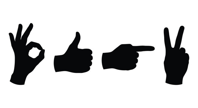 Hand gesture silhouettes with ok thumbs up pointing and peace signs silhouette