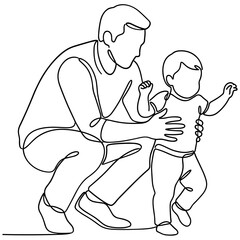 Naklejka premium Father supporting child's first steps, line art drawing, family bonding, learning to walk