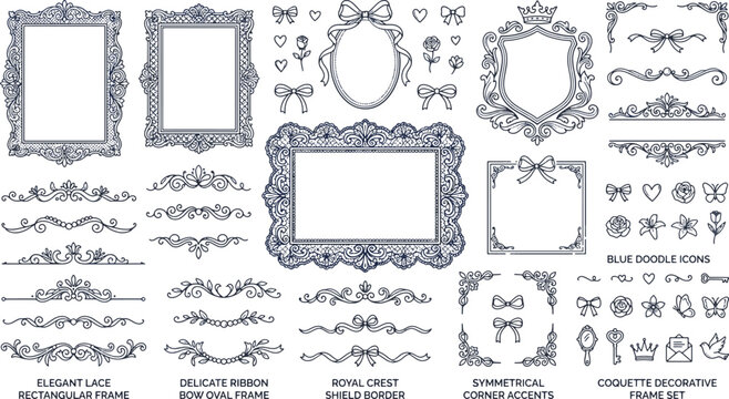 Vintage Coquette Decorative Frame Set with Elegant Lace Rectangular Borders and Royal Crest Shield Accents for Wedding Invitation Vector Illustration