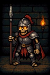 Fototapeta premium Fantasy skeleton knight with glowing eyes standing inside a dark castle
