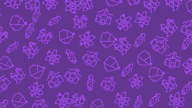 Purple background features glowing school-themed icons. Atoms, books, and backpacks appear whimsically scattered. Pattern repeats seamlessly for digital or print use. Ideal for educational, learning