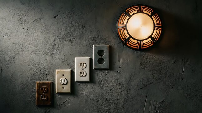 Progression of electrical outlets from old and rusty to new and clean on a textured dark wall electrical outlets, power sockets, wall sockets