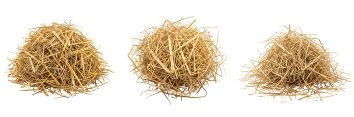 Dense round nest bundle of dry golden hay straw PNG isolated on transparent background. Agriculture farm harvest animal bedding asset. © Qari