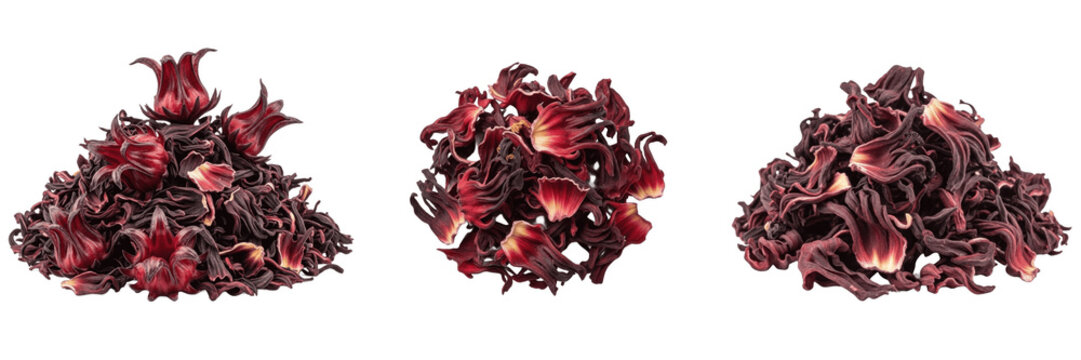 Pile of dried red hibiscus flowers roselle herbal tea PNG isolated on transparent background. Organic healthy wellness drink asset.