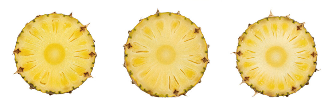 Perfect single round slice of fresh juicy yellow pineapple PNG on transparent background. Organic tropical fruit healthy food asset.