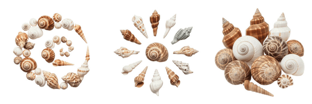 Circular starburst arrangement of assorted ocean seashells PNG on transparent background. Marine beach decoration collection asset.