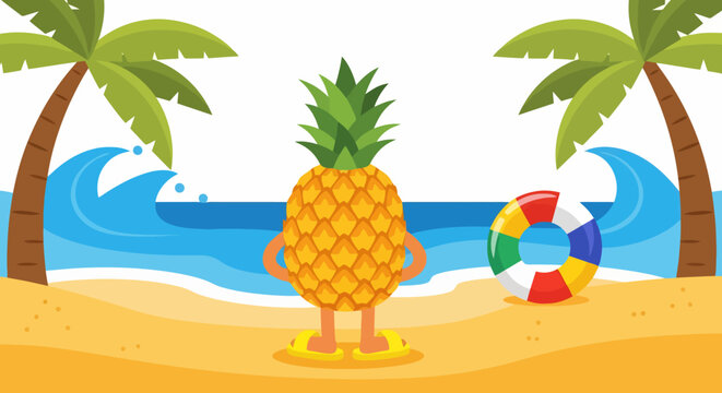Funny cartoon pineapple character standing on a beach with palm trees and ocean waves.