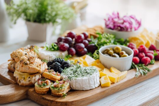 Generous party cheeseboard with brie olives grapes crackers pastries and fresh greens for grazing table and celebration entertaining