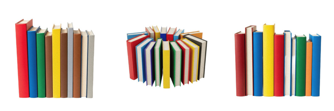 Circle arrangement of colorful hardcover books standing PNG on transparent background. Education, library and knowledge graphic asset.