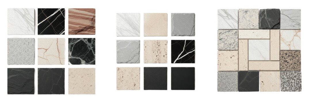 Nine square grid samples of marble granite tile textures PNG on transparent background. Interior flooring material interior design asset.