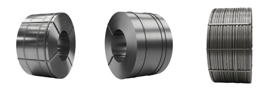 Set of Three Industrial Steel Coils Isolated on White Background, Heavy Metal Rolls for Manufacturing and Construction Industry, Raw Material for Metalwork, Sheet Metal Storage