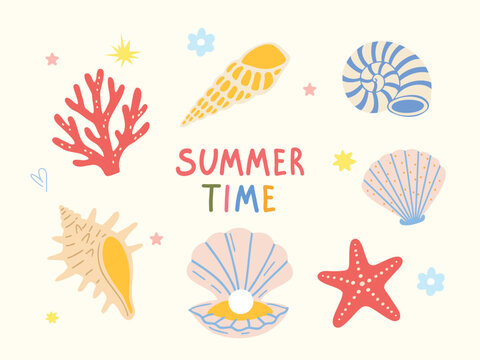 Hand drawn summer composition with seashells, coral, starfish, pearl shell and colorful summer time lettering on a light background.