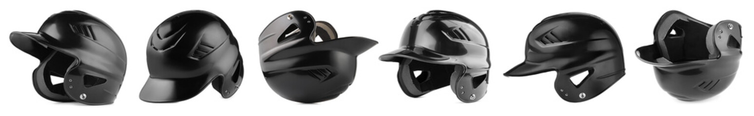 Protective baseball helmet isolated on white, set. Protective headgear