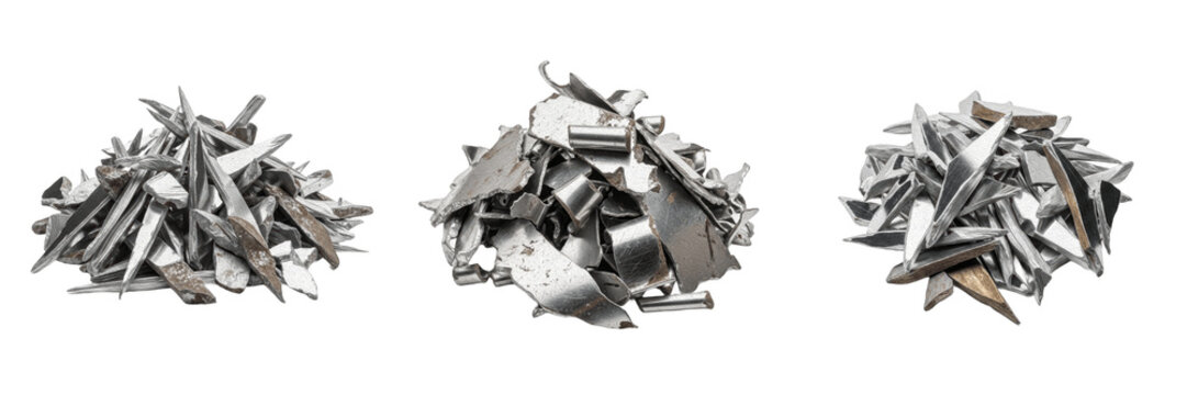 Set of Three Piles of Industrial Metal Scrap and Steel Shavings Isolated on White Background, Recycling Waste Material, Sharp Metal Fragments and Debris for Industrial Design Projects