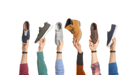 Fototapeta premium Men holding different shoes on white background, collection
