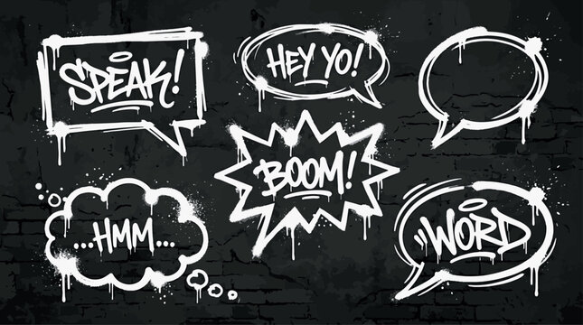Graffiti speech bubbles set on black wall background with spray paint drips and urban hip hop street art expressions vector illustration