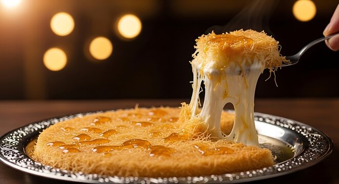 Close up of a fork lifting a piece of hot cheese kunafa drizzled with syrup dessert sweet