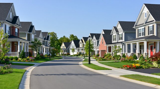 Suburb homes line a sunny street. Large custom houses boast yards and driveways leading to garages.