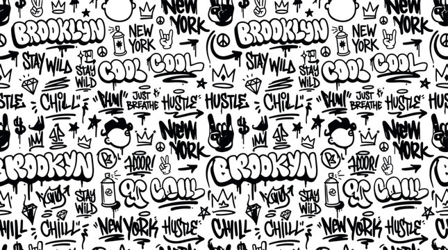 Graffiti seamless pattern with hand drawn urban text and elements like Brooklyn New York stay wild cool chill and hustle vector illustration