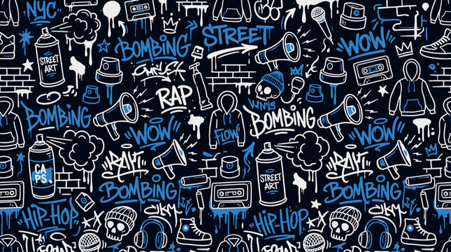 Urban street art graffiti seamless pattern with hip hop elements spray cans sneakers and music doodles vector illustration