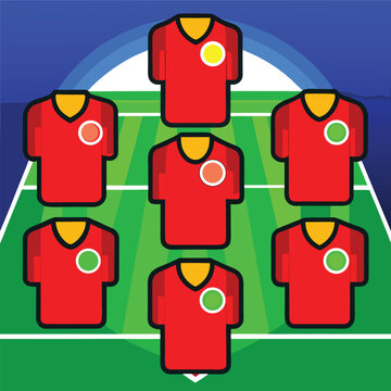 Football Formation Lineup Infographic Template with Red Soccer Jerseys and Editable Player Name Tags, 3D Stadium Background Vector Illustration