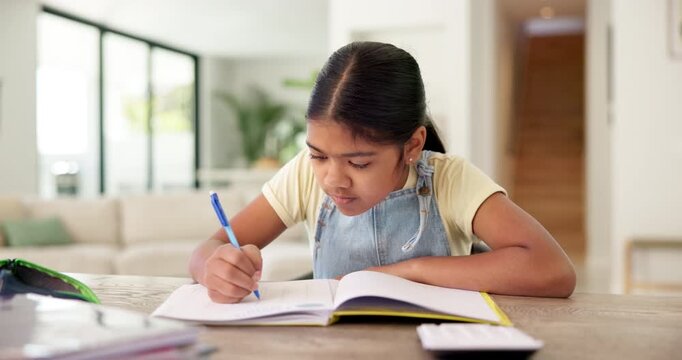 Thinking, writing and child in home with homework for learning, education and assessment. House, student and girl with idea for activity, assignment and lesson for studying, answer and development