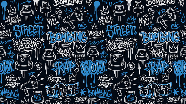 Graffiti seamless pattern with street art elements tagging words typography megaphone and spray can caps on dark background vector illustration