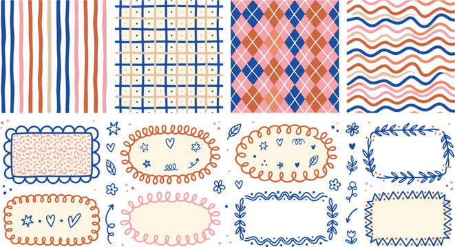 Hand drawn seamless patterns and cute doodle borders with stripes plaid argyle waves and floral frames vector illustration