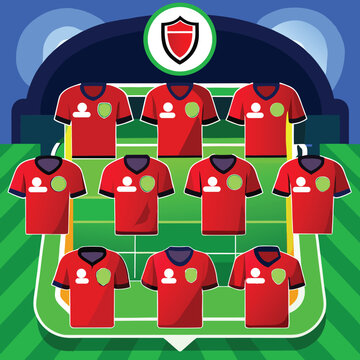 Football Formation Lineup Infographic Template with Red Soccer Jerseys and Editable Player Name Tags, 3D Stadium Background Vector Illustration
