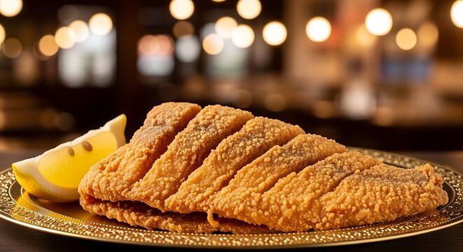 Fried Fish Fillets with Lemon Wedge on a Decorative Golden Plate Blurred Restaurant Lights image (84