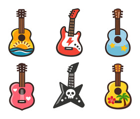 Fototapeta premium Icons of different stylized guitars, showcasing acoustic, electric, and themed designs with elements like skulls, hearts, and nature