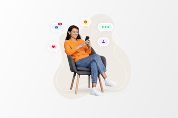 A woman is sitting in a chair and using her smartphone. Colorful chat bubbles appear around her showing different icons. This scene happens indoors and gives a sense of digital communication. © Prostock-studio