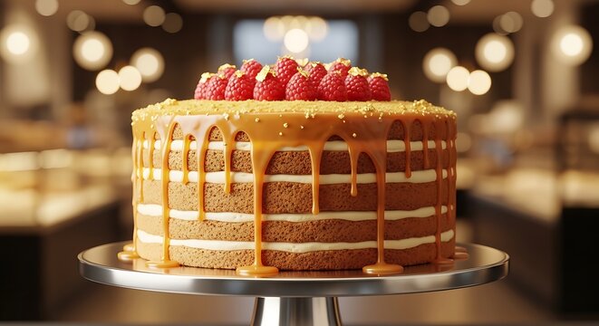 Naked Layer Cake with Caramel Drizzle and Fresh Raspberries on a Silver Cake Stand naked cake