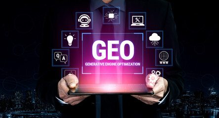 Naklejka premium Professional holding a tablet displaying futuristic icons representing generative engine optimization and digital technology in business context Fluxor.