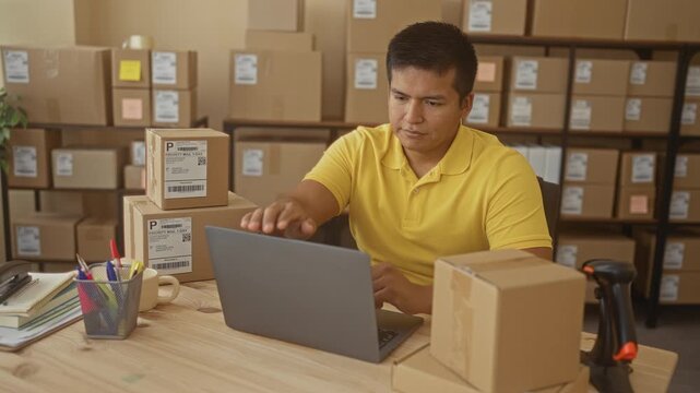 Man closing laptop and rubbing forehead amid stacked shipping boxes and barcode scanner in a packing room building; small business struggle fatigue.