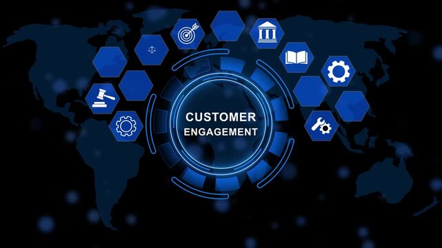 Digital Customer Engagemen concept with audit, risk management, security, finance and corporate governance on digital world map. animation