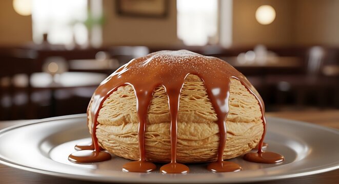 Round pastry with caramel sauce and powdered sugar on a silver plate dripping