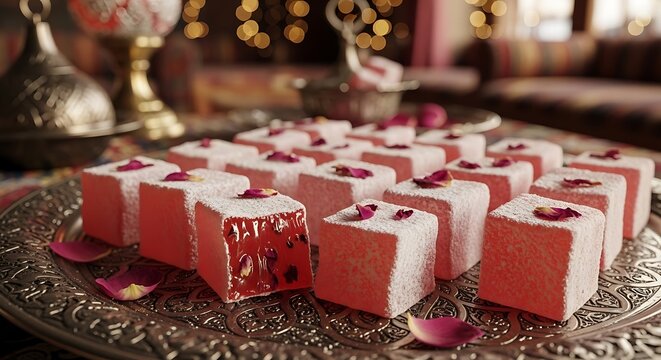 Row of Pink Turkish Delight Cubes with Rose Petals and Powdered Sugar on Silver Platter lokum
