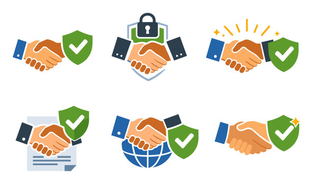 Handshakes with shields and checkmarks illustrating security, trusted deals, global protection, and contractual agreements